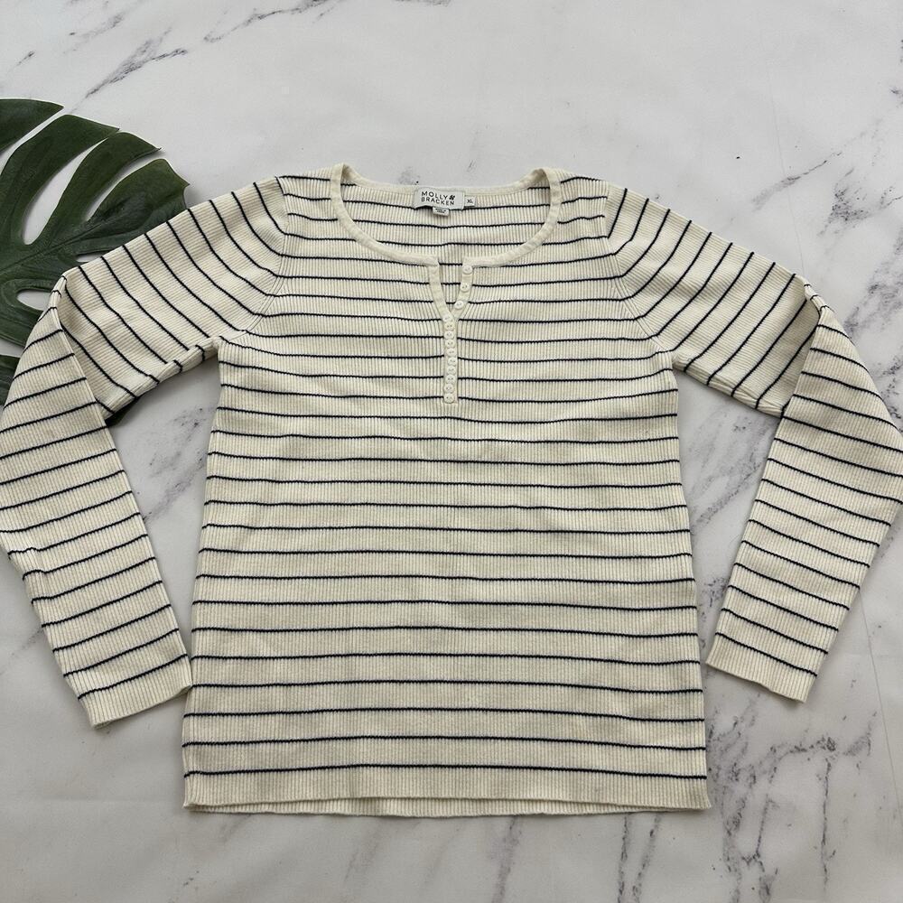 Molly Bracken Womens Ribbed Knit Sweater Top Size XL Cream Blue Striped Henley